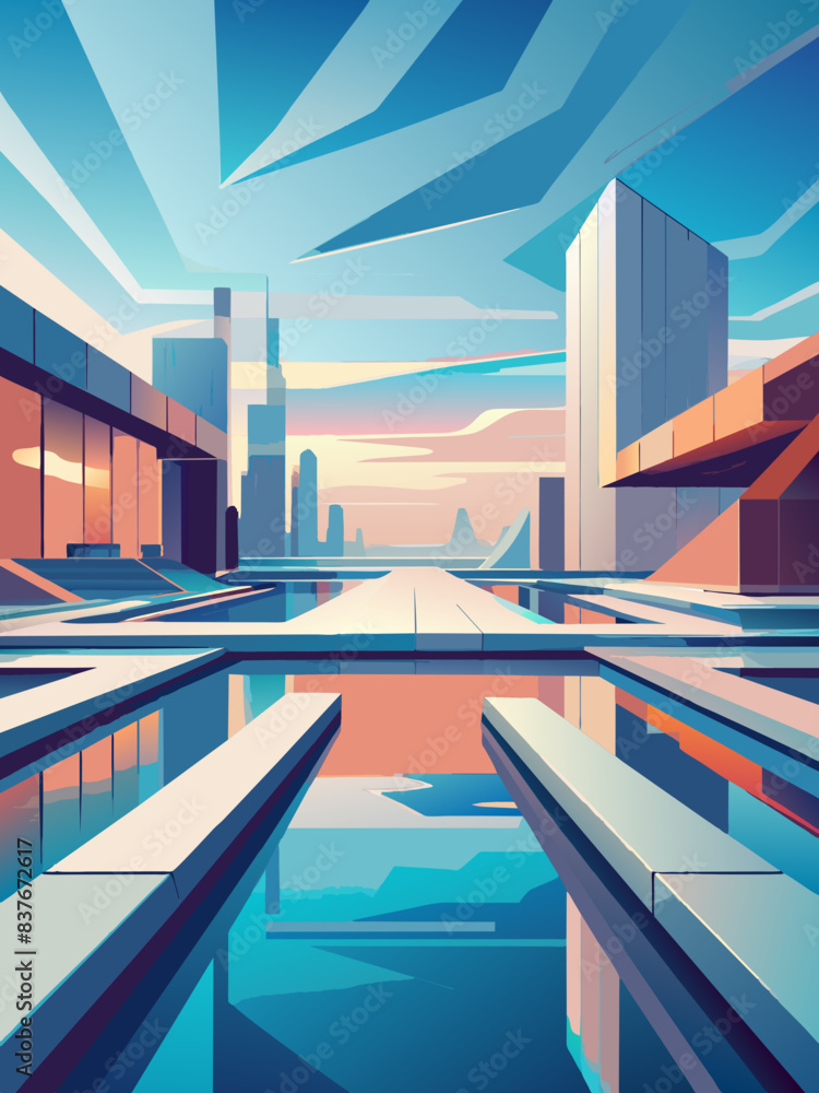 Fototapeta premium Futuristic Cityscape with Vibrant Skyline and Reflective Waterways
