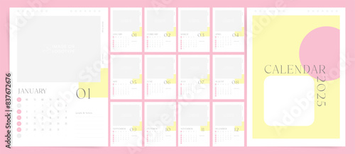 Set of 2025 A4 Calendar Planner Template in Minimal Aesthetic Design. Vector layout of a wall, table or desk modern 2025 calendar. Place for Notes. Calendar printable grid in pink white colors.	
