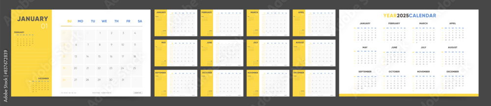 2025 Calendar Template. Yellow Modern Design with Monthly Horizontal Pages. Monthly Planner 2025 for Desk, Wall, or Table. A4 Layout ideal for Office Branding and Corporate Use. 2025 Calendar Template. Yellow Modern Design with Monthly Horizontal Pages. Monthly Planner 2025 for Desk, Wall, or Table. A4 Layout ideal for Office Branding and Corporate Use.