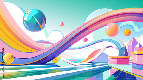 Vibrant Abstract Landscape with Fluid Shapes and Glossy Spheres