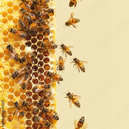 Honey bees flying around a honeycomb