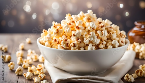 caramel popcorn in bowl on table with napkin 