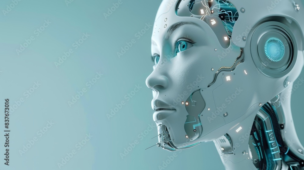 A close-up of a robot's head with a blue light emanating from one side and a light beaming from another side A close-up of a robot's head with a blue light emanating from one side and a light beaming from another side