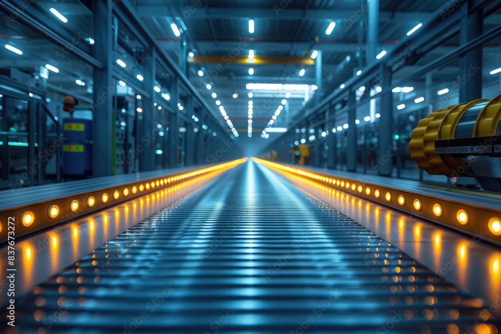 Modern industrial factory interior with an illuminated conveyor belt, showcasing advanced manufacturing technology and sleek design. Modern industrial factory interior with an illuminated conveyor belt, showcasing advanced manufacturing technology and sleek design.