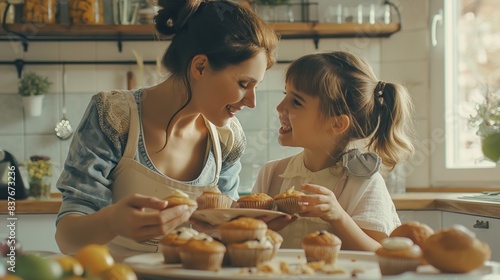 Mother and daughter sharing a moment while baking muffins together in a home kitchen