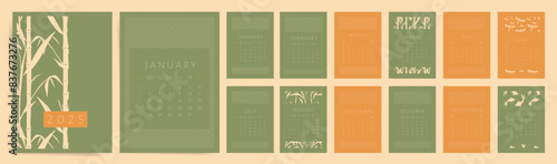 2025 Calendar Template. Week Starts on Sunday. Natural Bamboo and Floral Calendar 2025 Design. Monthly Desk Planner 2025 in Aesthetic Minimal Style. A4 Modern Business Calendar. Green Orange Colors.	
