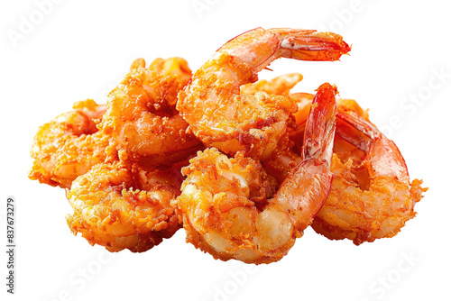 Crispy golden fried shrimp isolated on white background, perfect seafood appetizer for a delicious and savory dining experience. photo