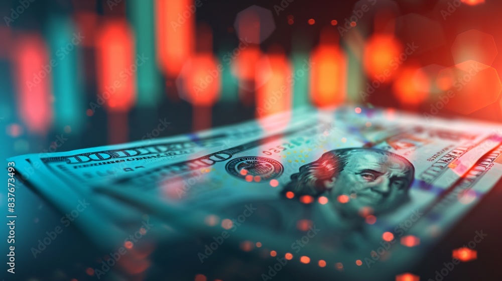 Extreme close-up dollar bill on vibrant backdrop with various hues Extreme close-up dollar bill on vibrant backdrop with various hues