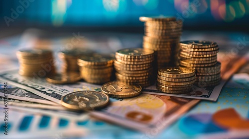 Close-up of coins and cash piles