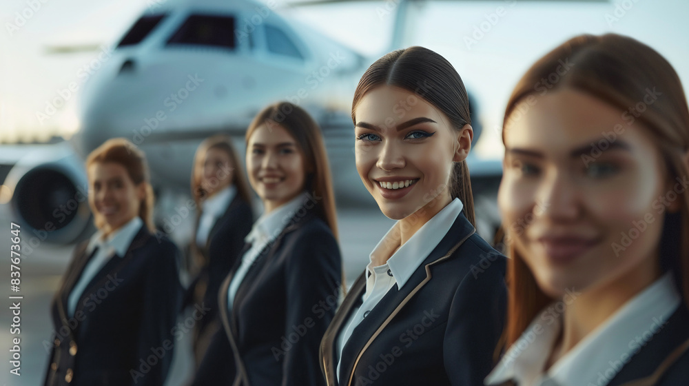 Smiling flight attendants in uniform stride confidently on the airport tarmac with an airplane in the background