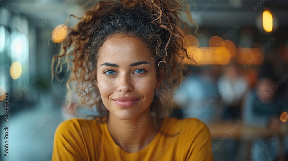 Portrait of a young woman with curly hair smiling confidently in a cozy cafe. Natural light creates a warm, inviting atmosphere. Portrait of a young woman with curly hair smiling confidently in a cozy cafe. Natural light creates a warm, inviting atmosphere.