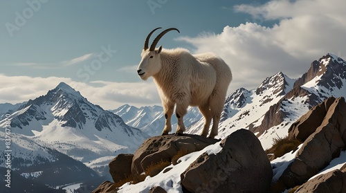 Mountain goat standing on a rocky peak of a snowy mountain.generative.ai 