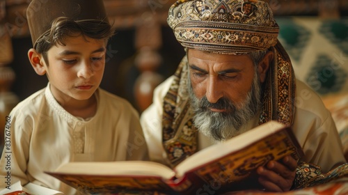  A young boy and an older man, each engrossed in the same open book, one donning a headdress, the other a turban photo