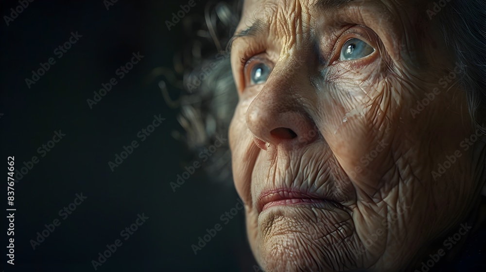 Elderly Woman Reflecting Deep Sorrow with Tear in Dimly Lit Room Elderly Woman Reflecting Deep Sorrow with Tear in Dimly Lit Room