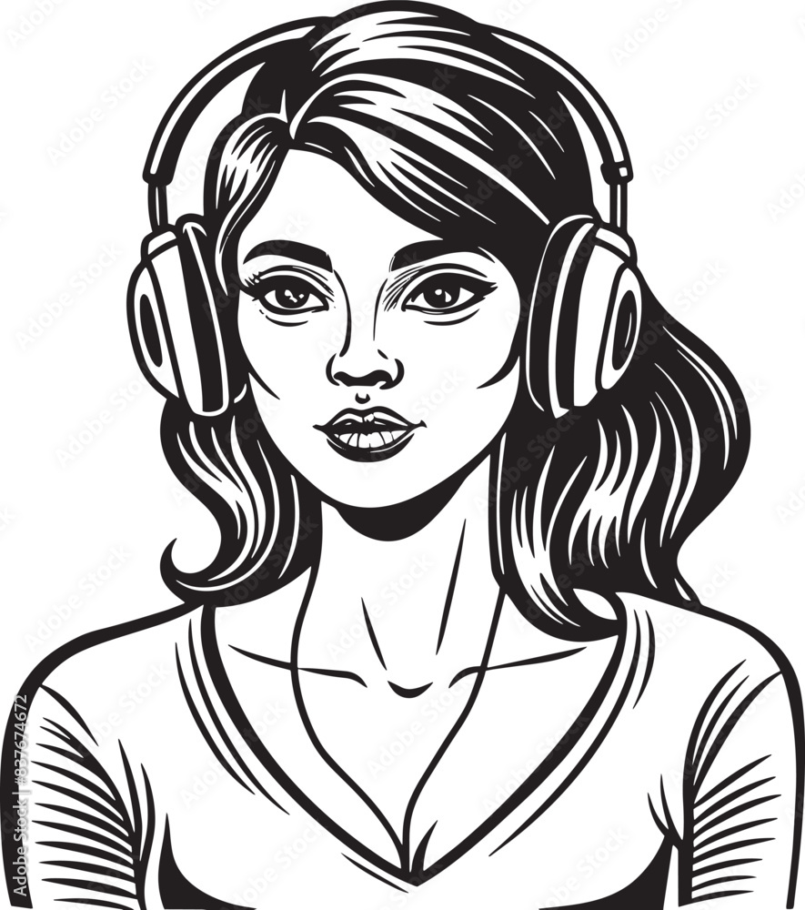 woman wearing headphones illustration black and white woman wearing headphones illustration black and white