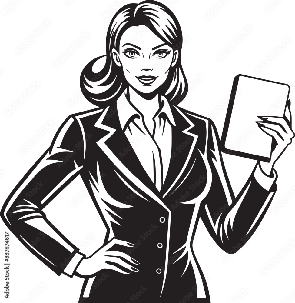 business woman with note illustration black and white business woman with note illustration black and white