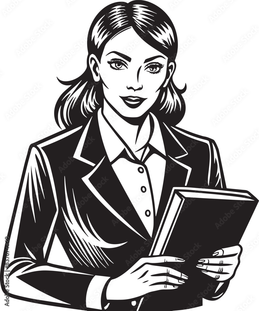business woman with note illustration black and white business woman with note illustration black and white