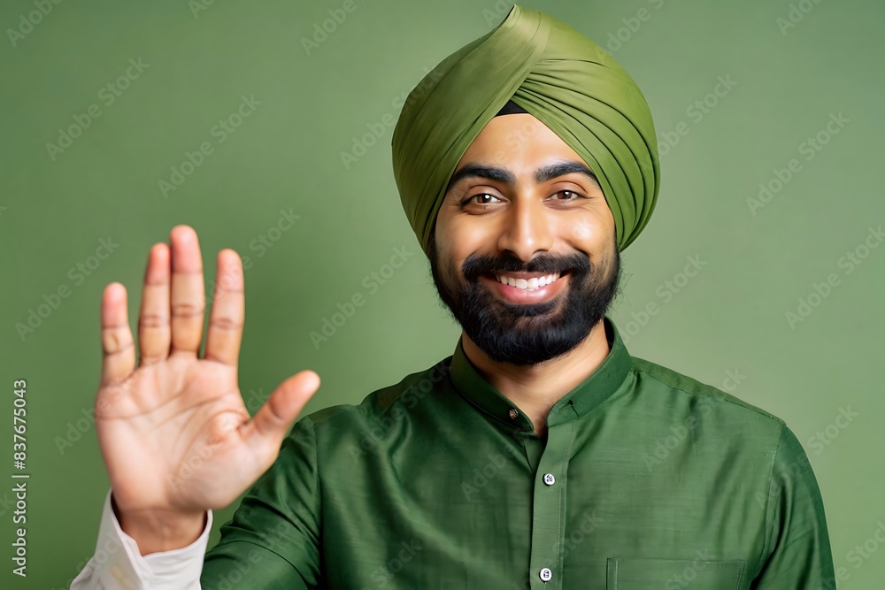 South Asian man with a turban and a kind smile holding out his hand in a welcoming gesture. South Asian man with a turban and a kind smile holding out his hand in a welcoming gesture.