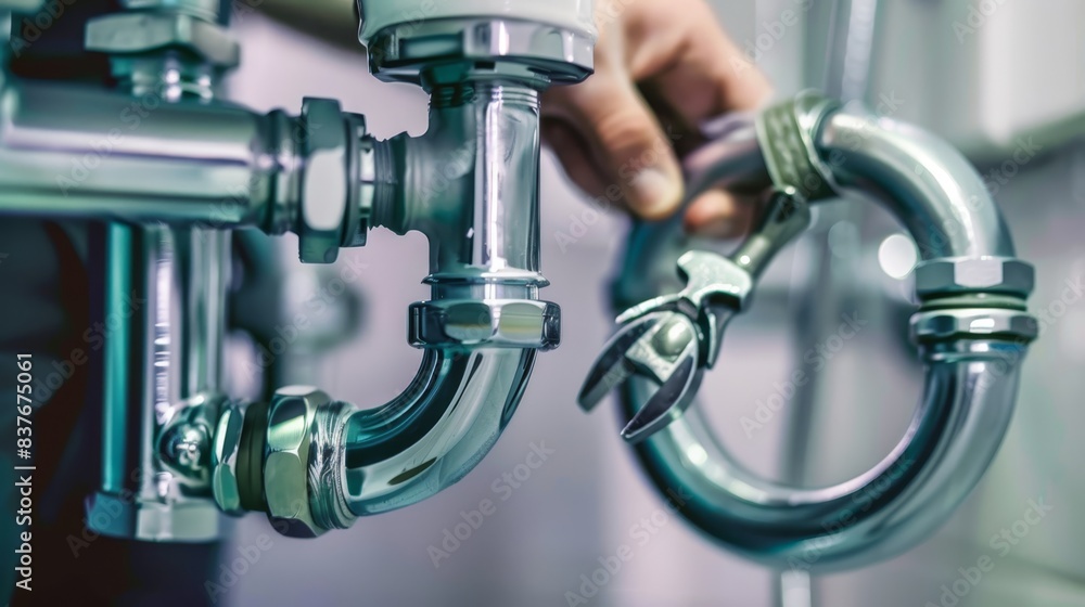 A close-up of a person repairing a pipe with a wrench A wrench is nearby, used earlier on the opposite side of the pipe A close-up of a person repairing a pipe with a wrench A wrench is nearby, used earlier on the opposite side of the pipe