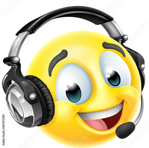 A cartoon emoji emoticon face with headset. Customer service, help desk online chat support or similar concept