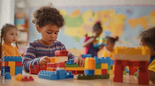 Serious young child absorbed in creative play with vibrant building blocks at a playgroup or classroom photo