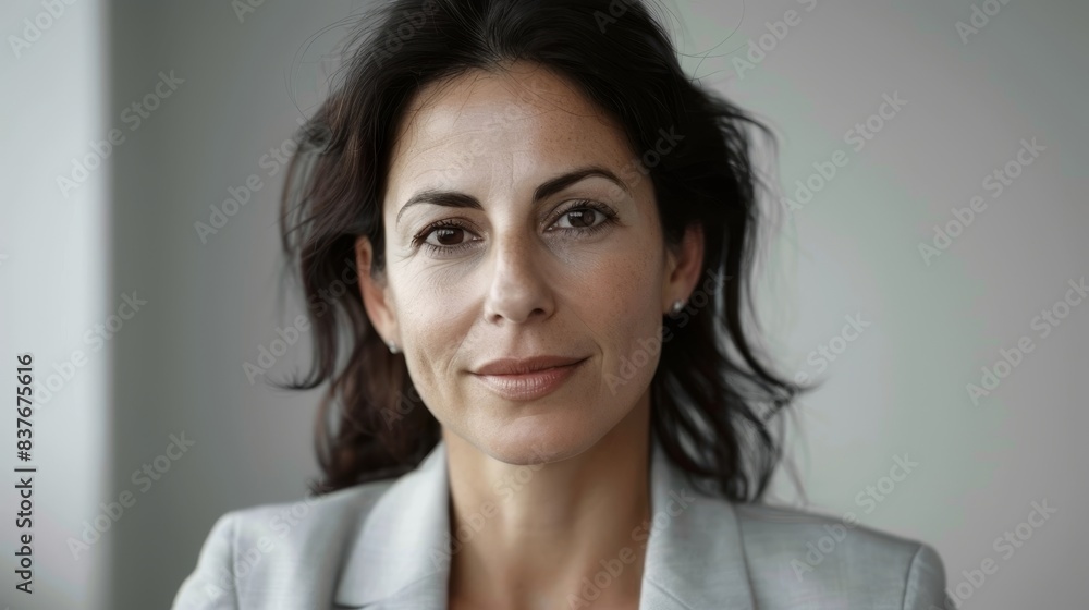 Dark-haired woman with a serene gaze in a light-colored blazer, making eye contact with the camera in UHD 4K Sharp Focus Dark-haired woman with a serene gaze in a light-colored blazer, making eye contact with the camera in UHD 4K Sharp Focus