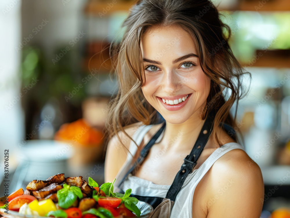 Smiling young woman with apron holding a plate of food Smiling young woman with apron holding a plate of food