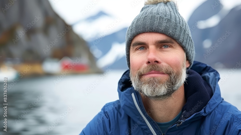 A bearded man in a blue jacket and knitted hat stands before a boat on a body of water Snow-capped mountain peaks rise in the background A bearded man in a blue jacket and knitted hat stands before a boat on a body of water Snow-capped mountain peaks rise in the background