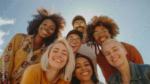 A low-angle shot capturing the joyful expressions of a multi-ethnic group of friends against the sky © road to millionaire