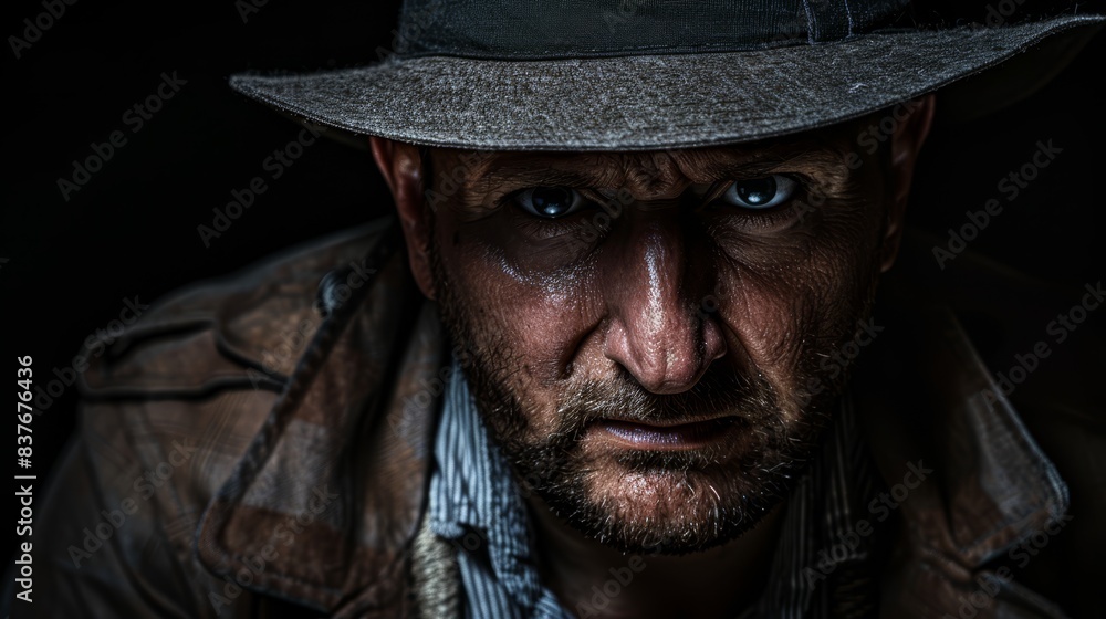 A tight shot of a man in a hat, blue eyes peering out, clad in a leather jacket Beneath the jacket, a striped shirt is visible Hat perched at A tight shot of a man in a hat, blue eyes peering out, clad in a leather jacket Beneath the jacket, a striped shirt is visible Hat perched at