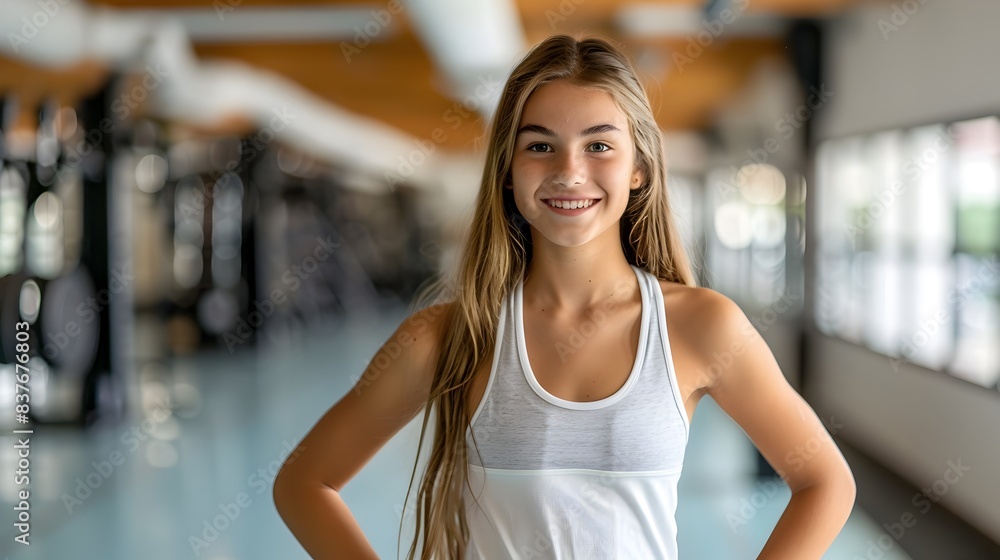 Confident and Cheerful Teen Girl Feeling Empowered in Bright School Gym Confident and Cheerful Teen Girl Feeling Empowered in Bright School Gym