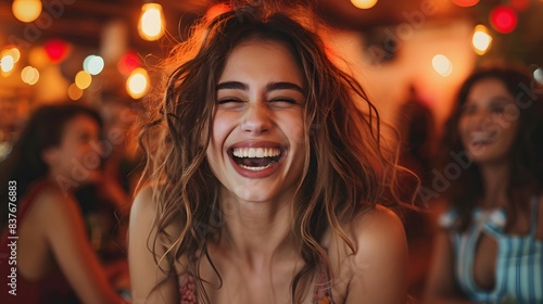 Radiant Woman Laughing Joyfully with Friends at Lively Party