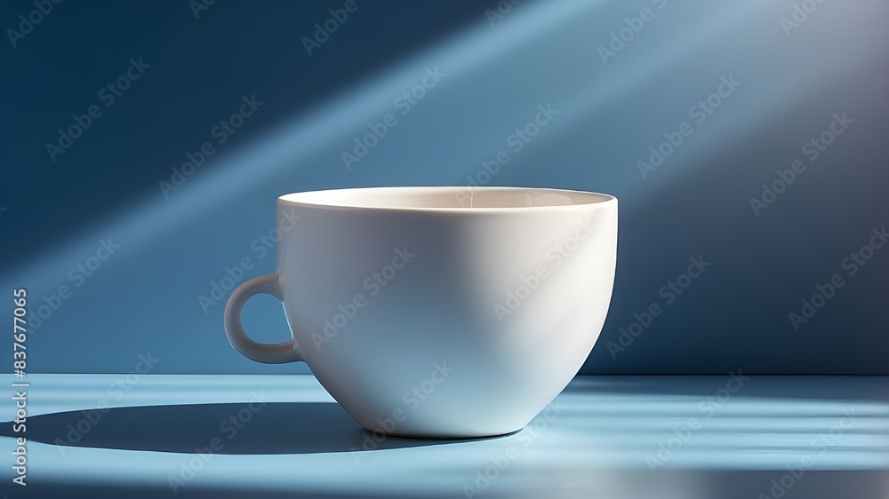 The sun casts soft shadows around a white cup, placed on a serene blue background. The sun casts soft shadows around a white cup, placed on a serene blue background.