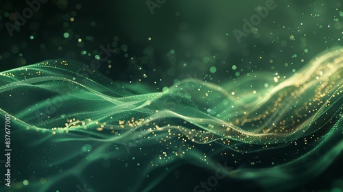 Dark green gradient background with waves of light and glitter, abstract composition. A background with a sense of depth and movement. The design is intended for graphic design and digital art. photo