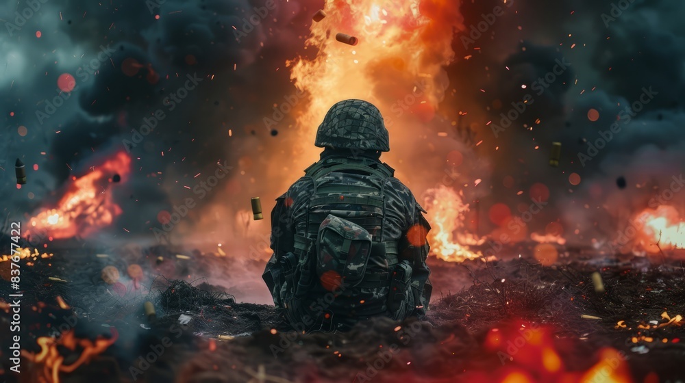 Soldier sitting on the battlefield. Destruction, war scene. Fire and a lot of smoke. Sad combat feeling Soldier sitting on the battlefield. Destruction, war scene. Fire and a lot of smoke. Sad combat feeling