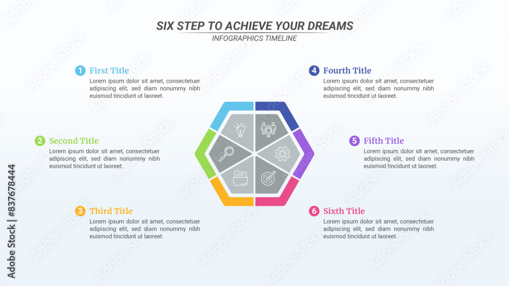 Infographics Hexagon Diagram with 6 Steps and Business Icon on a 16:9 ...