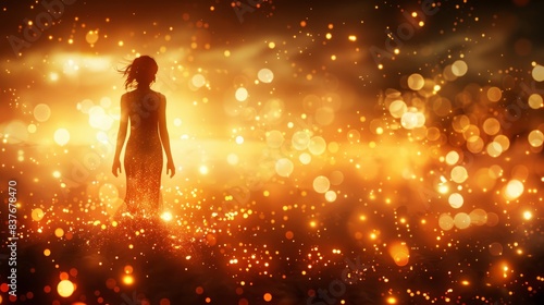  A woman stands amidst a golden field of lights, her hair dancing in the wind against a backdrop of black, featuring a radiant sunbeam bokeh