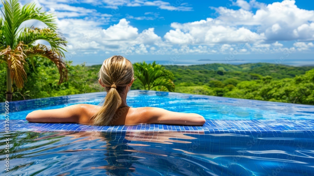  A woman sits in a swimming pool with a forest and sky backdrop The forestview merges with the blue sky, adorned with white clouds in its midsection