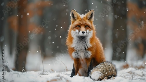 Playful Red Fox in Snowy Forest with Fluffed Fur and Wide Eyes
