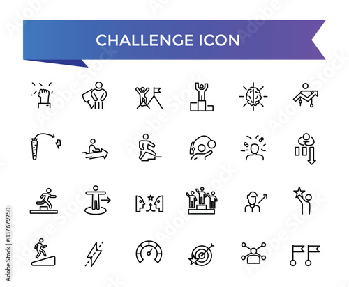 Challenge icon collection. Related to mission, competition, obstacle, battle, problem solving, teamwork, overcoming and triumph icons.