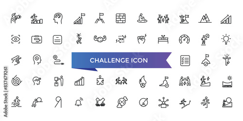 Challenge icon collection. Related to mission, competition, obstacle, battle, problem solving, teamwork, overcoming and triumph icons.