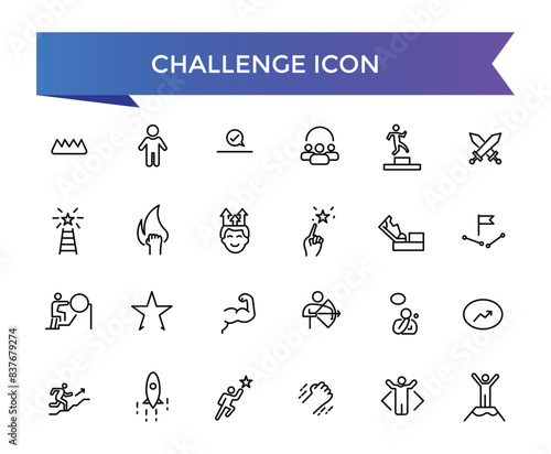 Challenge icon collection. Related to mission, competition, obstacle, battle, problem solving, teamwork, overcoming and triumph icons.