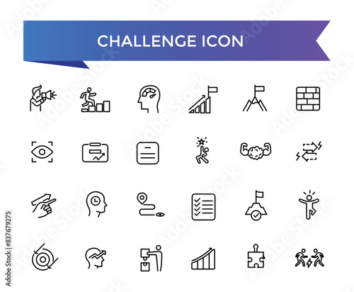 Challenge icon collection. Related to mission, competition, obstacle, battle, problem solving, teamwork, overcoming and triumph icons.