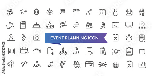 Event planning icon collection. Related to decorations, venue, event planner, registration, entertainment, catering and invitations symbol.