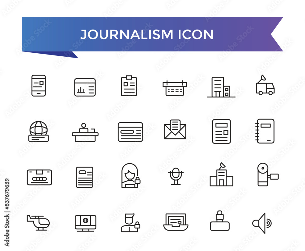 Fototapeta premium Journalism icon collection. Related to journalist, news, microphone, interview, reporter, podcast, press badge, newspaper and radio. Line icons set.