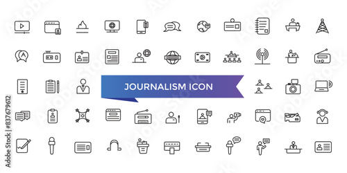 Journalism icon collection. Related to journalist, news, microphone, interview, reporter, podcast, press badge, newspaper and radio. Line icons set.