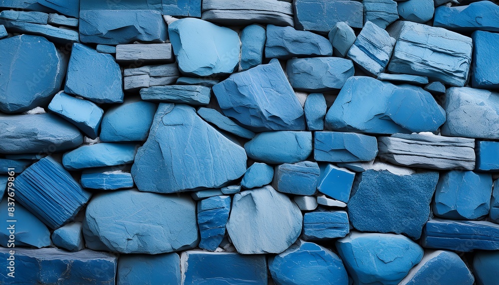 Close-up of a blue tinted stone wall, showcasing various shapes and sizes of stones. The unique blue hue adds a modern and artistic touch to the natural texture, perfect for themes of architecture. Close-up of a blue tinted stone wall, showcasing various shapes and sizes of stones. The unique blue hue adds a modern and artistic touch to the natural texture, perfect for themes of architecture.