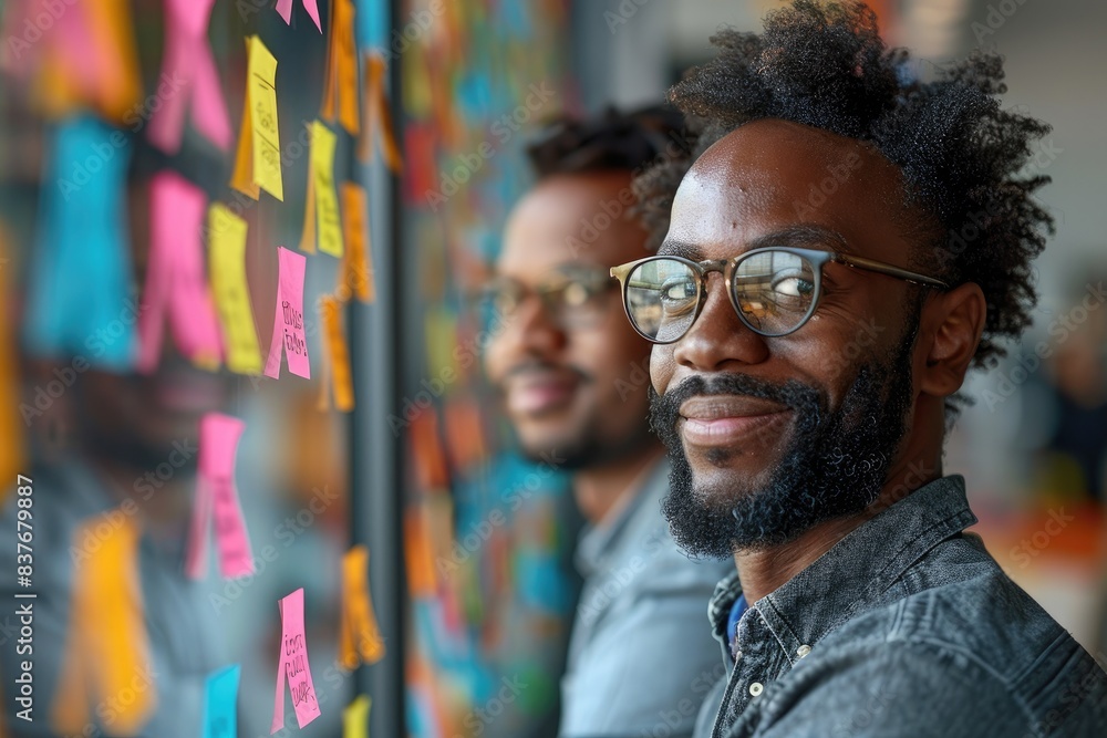 Two professionals brainstorm with sticky notes on a glass wall. Collaborative teamwork and idea generation in a modern office setting.