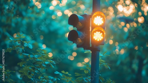  A tight shot of a traffic light atop a pole, surrounded by trees in the background The upper part of the pole is depicted in a blurred manner, featuring indistinct leaves photo