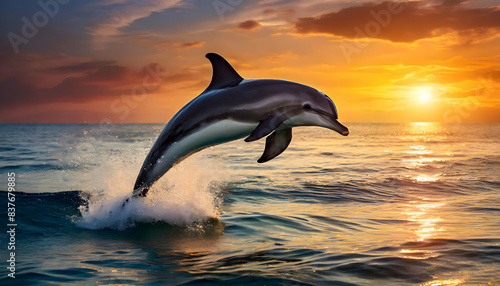 dolphin jumping at sunset.dolphin jumping in the sea against a backdrop of a stunning sunset © Asad